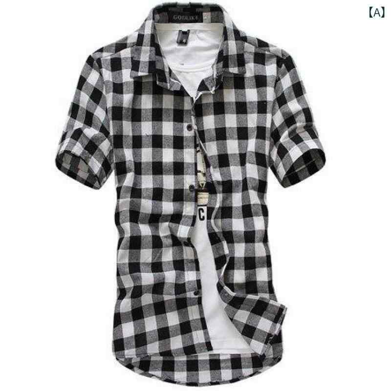 シャツ メンズ 男性用 半袖 格子柄 コットン カジュアル スリムフィット 黒 白 天色 赤 深青 南米 東南..