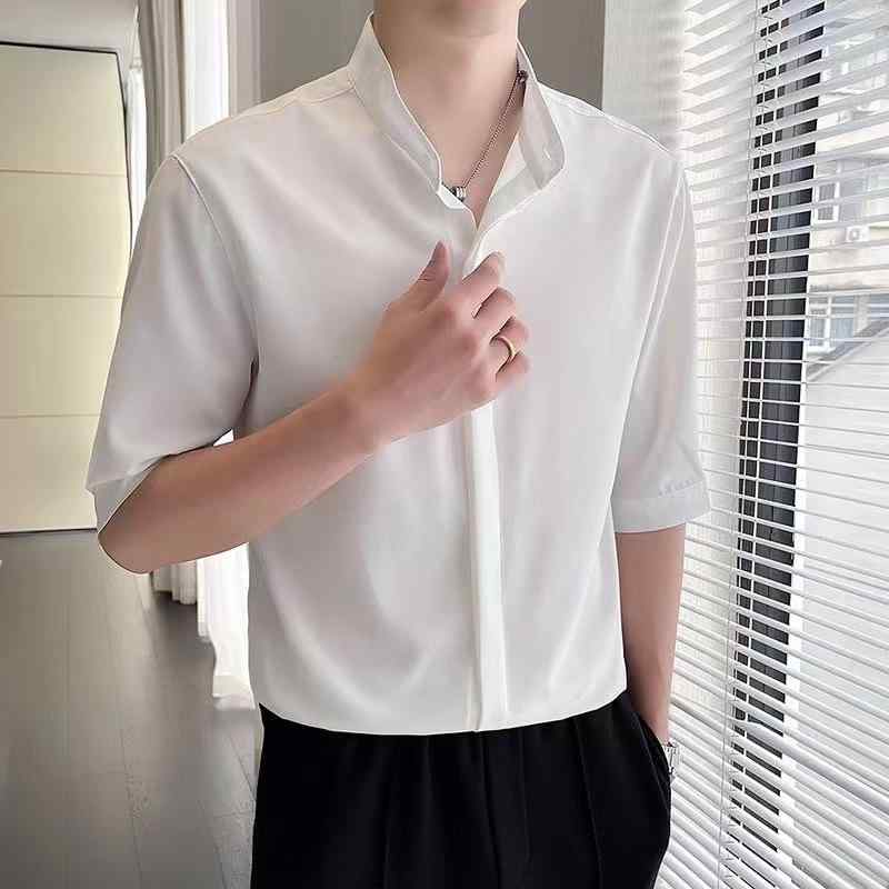 シャツ メンズ 男性用 トップス ポリエステル 無地 半袖シャツ スリムフィット 接触冷感 五分袖 黒 白 緑