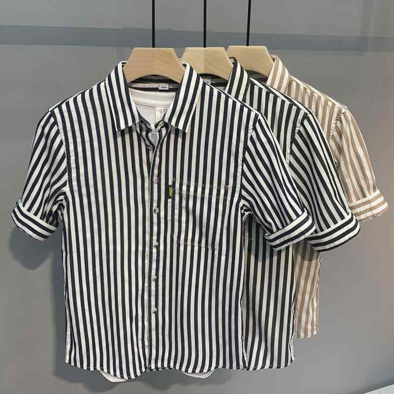 シャツ メンズ 男性用 半袖 夏物 リネン ストライプ スリムフィット ボタンダウン トップス 黒 杏色 S M L XL 2XL 3XL 4XL