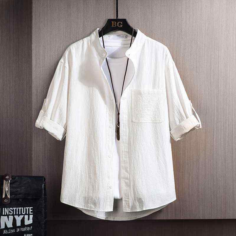 シャツ メンズ 男性用 トップス 綿麻混紡 七分袖 スリムフィット 学生 韓国 配色 ブラック ホワイト カーキ