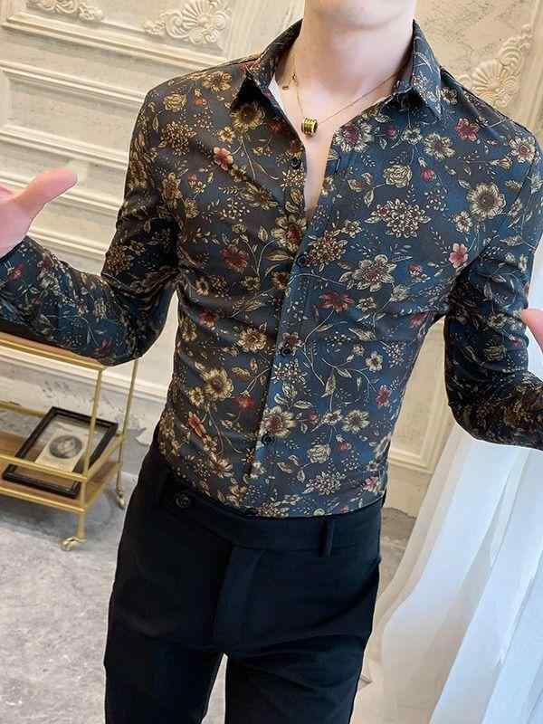 シャツ メンズ 長袖シャツ 小花柄 プリント スリムタイプ 襟付き ポリエステル 春秋 カジュアル スタイル(4)