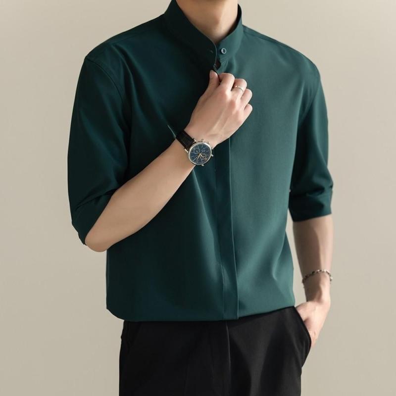 Short Sleeves （Shape Holding） - シャツ メンズ 男性用 半袖 トップス 韓国 スリム 立襟 接触冷感 無地 薄手 M L XL 2XL 3XL 墨グリーン 白 黒