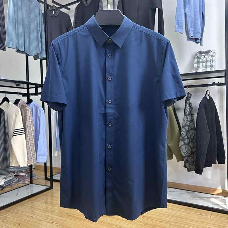 シャツ メンズ 男性用 ビジネス カジュアル 抗シワ 通気性 ポリエステル スタンダードカラー 半袖 薄手 深青(x5)