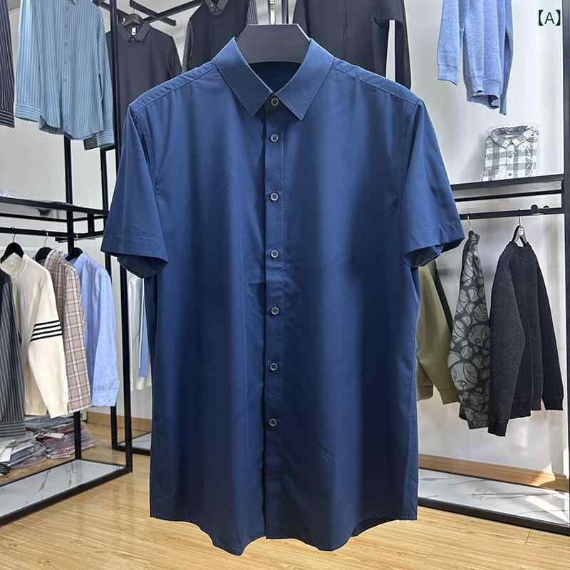 シャツ メンズ 男性用 ビジネス カジュアル 抗シワ 通気性 ポリエステル スタンダードカラー 半袖 薄手 深青(x5)