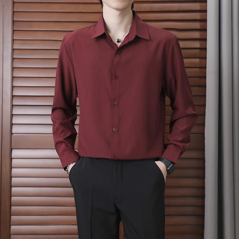 シャツ メンズ 男性用 フォーマル ビジネス 長袖 スリム 無地 ポリエステル 酒 красный系 春秋