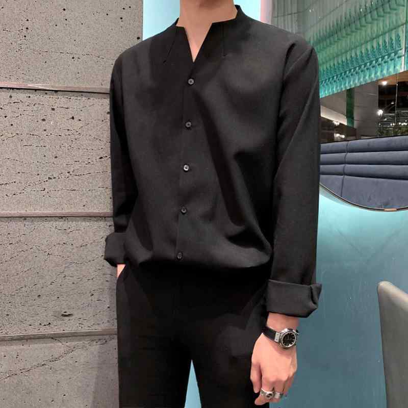 シャツ メンズ 長袖 立襟 ポリエステル 無地 韓国 カーディガンタイプ 薄手 黒 ブラック ベージュ M L XL XXL 男性用 トップス