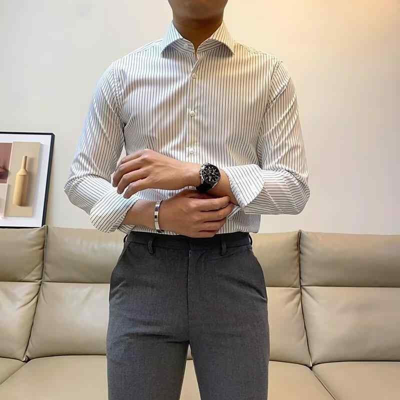 Short Sleeves （Shape Holding） - シャツ メンズ 長袖 カジュアルシャツ スリムフィット ストライプ コットン混紡 トップス 春秋 韓国
