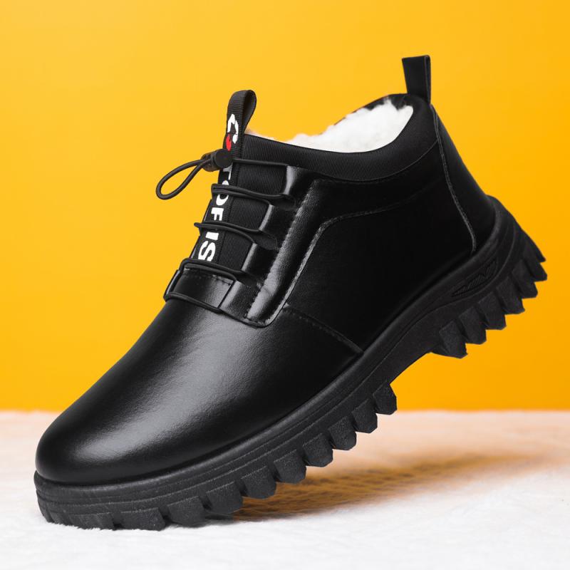 ブーツ 男性用 防寒ブーツ 防水 レザー 加绒 厚手 滑り止め 暖か 雪靴 普段使い 部屋着 中高齢者 紳士靴 ブラック