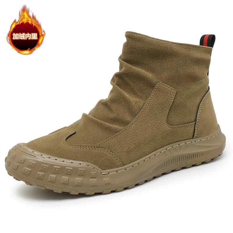 ブーツ メンズ 男性用 秋冬 高帮 シューズ 裏起毛 暖かい 耐摩耗 汚れにくい スリッポン カジュアル ラウンドトゥ カーキ 黒