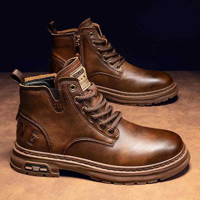 ブーツ メンズ 男性用 馬丁靴 英国風 厚底 防水 防滑 擦れ防止 ラウンドトゥ ローヒール 冬季 綿靴 棕..