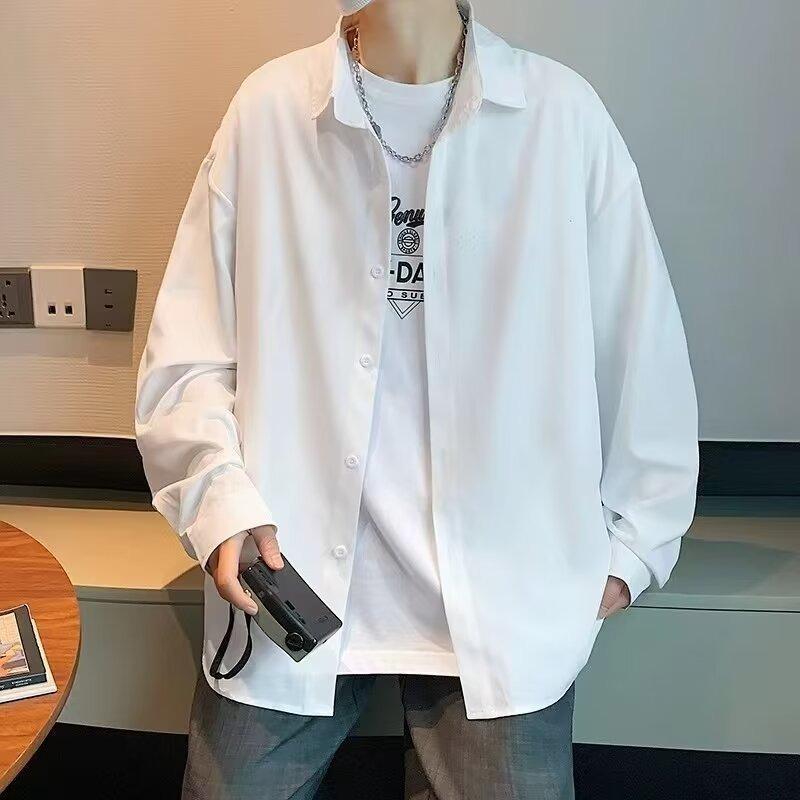Rakuten - シャツ メンズ 無地 長袖 韓国 ゆったり 羽織り 学生 白シャツ 黒シャツ グレー ポリエステル 耐摩耗 免燙 普段使い