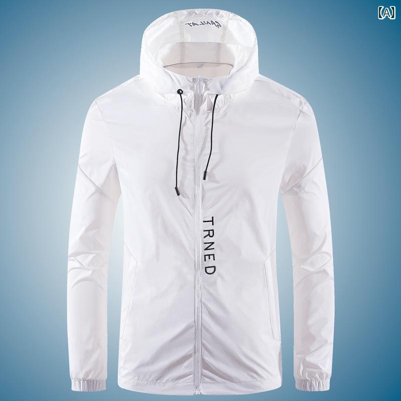 ジャケット 男性用 薄手 接触冷感 通気性 撥水 フード付き 釣り ウェア アウトドア パーカー ポリエステル ホワイト グレー ブルー