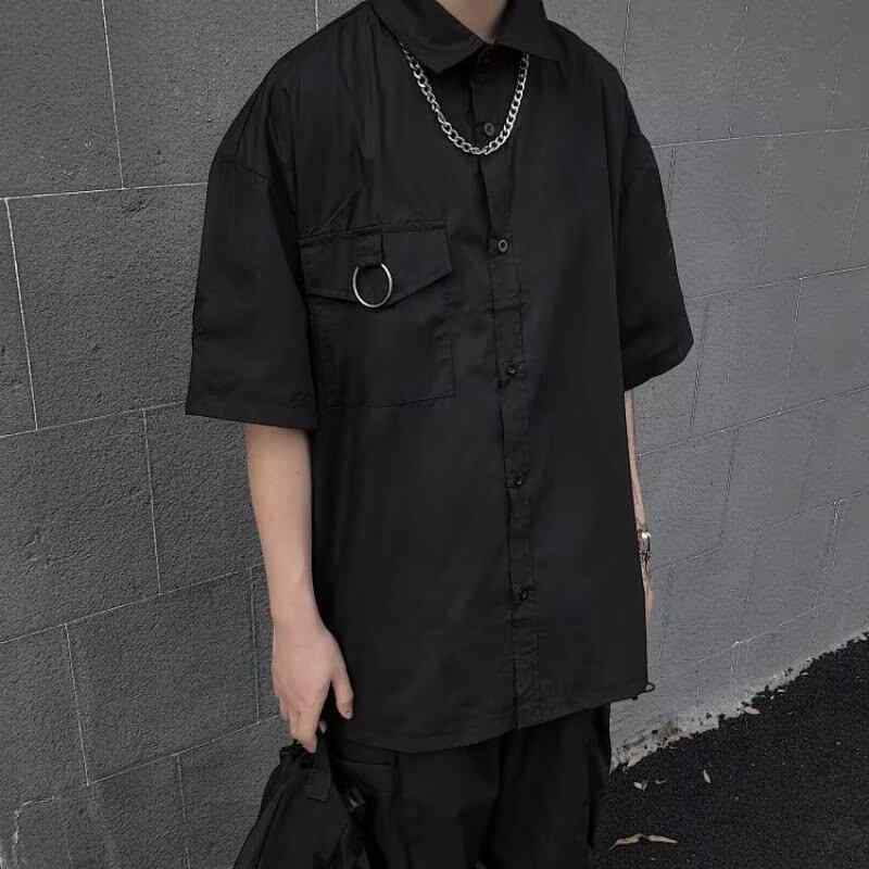 シャツ メンズ 男性用 レトロ ワーク 半袖 開襟シャツ ポリエステル混紡 ゆったり ブラック