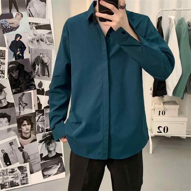 シャツ メンズ 長袖 韓国 ドロップショルダー 接触冷感 制服風 春秋 カジュアル ゆったり ポリエステル ポケット 白 黒 緑 青(4)