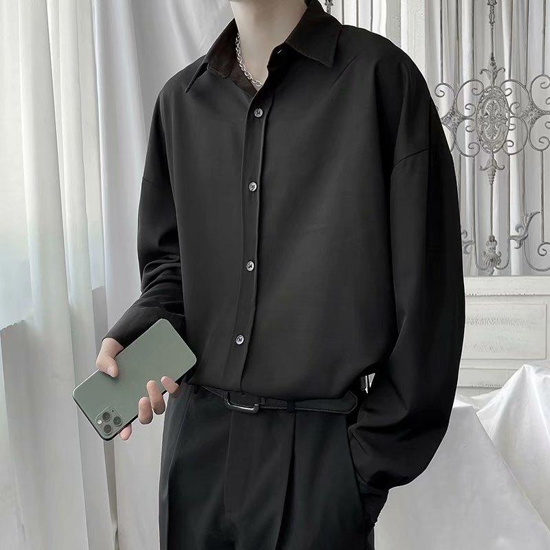 Long-Sleeve （Shape Holding） - シャツ メンズ 長袖 ポリエステル 混紡 開襟シャツ スプリング 夏 春秋 カジュアル ゆったり 無地 白 黒 茶色 緑