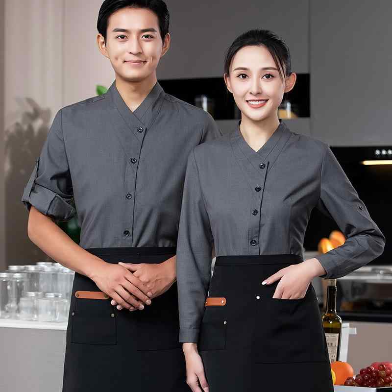 シャツ 男女兼用 長袖 飲食店ユニフォーム カフェ 制服 レストラン ホテル グレー 黒 春秋用