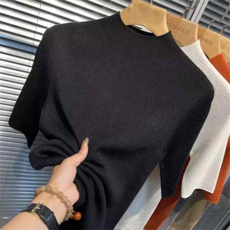 ニット レディース トップス 春秋 薄手 ハーフハイネック 半袖 ニットソー 五分袖 スリム インナー レーヨン 接触冷感 通勤 オフィス カジュアル きれいめ 上品