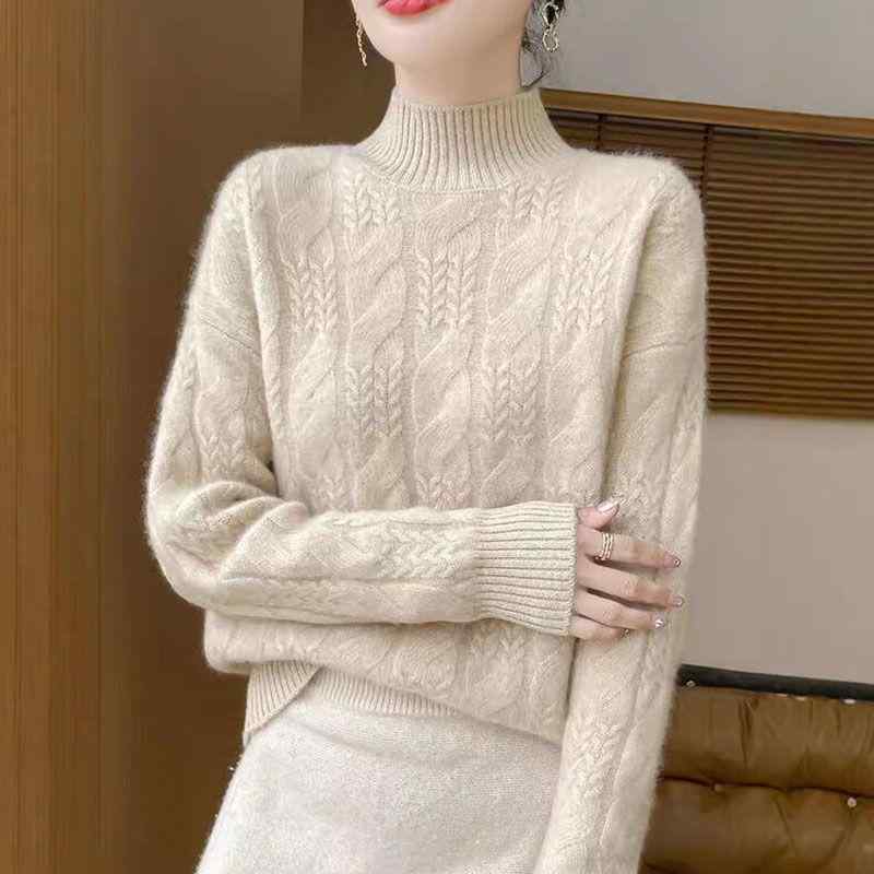 ニット レディース セーター 秋冬 高めのネック あったか トップス プルオーバー リブニット ゆったり 体型カバー 無地 きれいめ 通勤 オフィス カジュアル かわいい オシャレ アイボリー ブラウン グレー