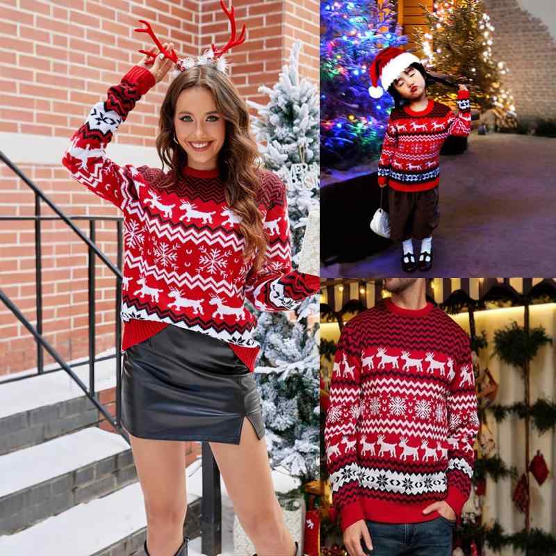 ニット レディース メンズ キッズ クリスマス 雪柄 セーター 親子 ペアルック 秋冬 赤 白 撞色 ゆった..