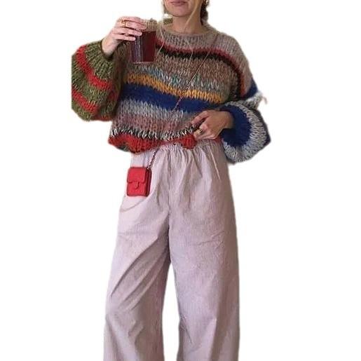 ニット レディース 秋冬 長袖 ラウンドネック 配色 ボーダー柄 ゆったり 暖かい カジュアル かわいい トップス デイリー 普段使い 韓国