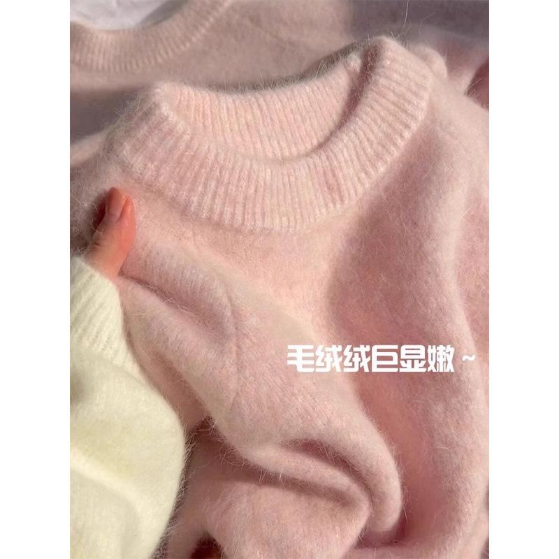 ニット レディース ピンク系 セーター プルオーバー ラウンドネック 長袖 ゆったり 粘性繊維 リブ 秋冬(4.0)