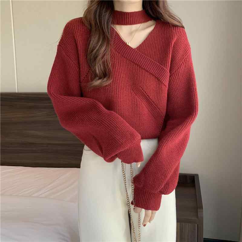 Three-Quarter Knit - ニット レディース ニットセーター Vネック 長袖 ショート丈 プルオーバー ゆったり 接触冷感 無地 カジュアル きれいめ かわいい 白 赤 黒 秋冬