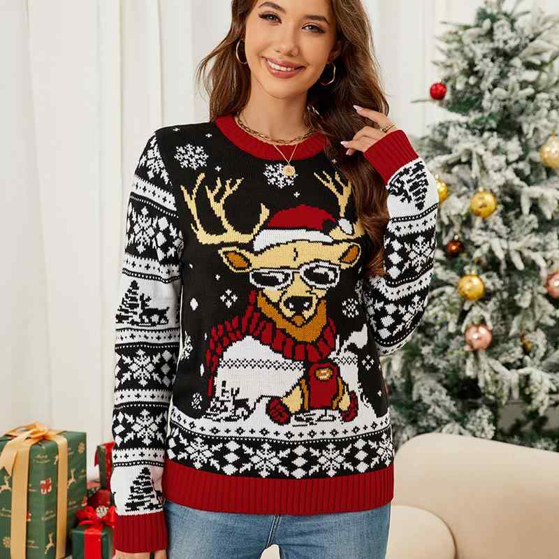 Long-Sleeved Knit - ニット レディース クリスマス セーター トナカイ柄 トップス 秋冬 長袖 ゆったり ラウンドネック プルオーバー カジュアル 普段使い 快適 柔らかい アクリル 花柄 暖かい 通勤