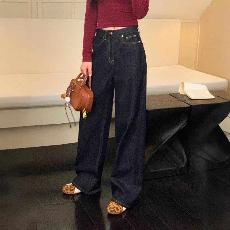 ジーンズ レディース デニム ワイド 高見え ゆったり ストレート ハイウエスト 美脚 脚長 コットン ジーパン 普段使い 韓国 カジュアル ブルー S M L XL