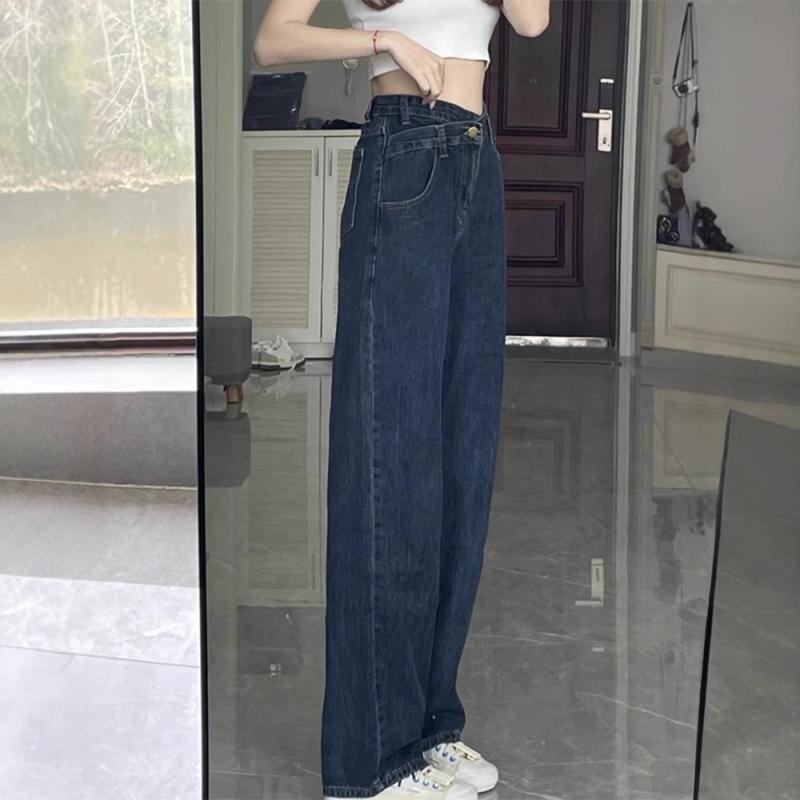 ジーンズ レディース ワイドレッグ ゆったり 高見え 高身長 ハイウエスト ストレート ジーパン デニムパンツ 美脚 脚長 梨型 藍色 黒 グレー 大きいサイズ コットン ポリエステル 文芸 レトロ