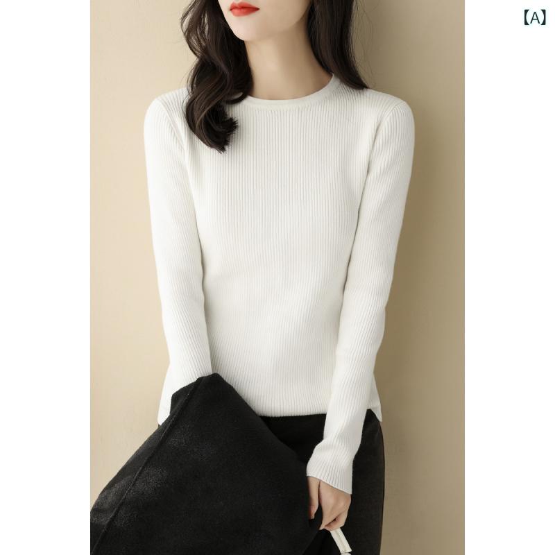 No Sleeve Knit - ニット レディース トップス 長袖 ラウンドネック スリム 無地 秋冬 インナー 重ね着 白 黒 ベージュ 通勤着 普段使い 高見え