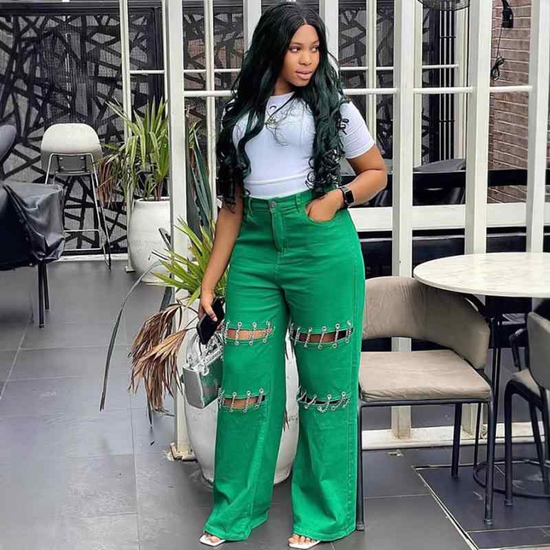 ジーンズ レディース ローライズ デニム パンツ 切り替え カジュアル ストレート ロングパンツ グリーン 小麦色 普段使い 欧美風(4.0)