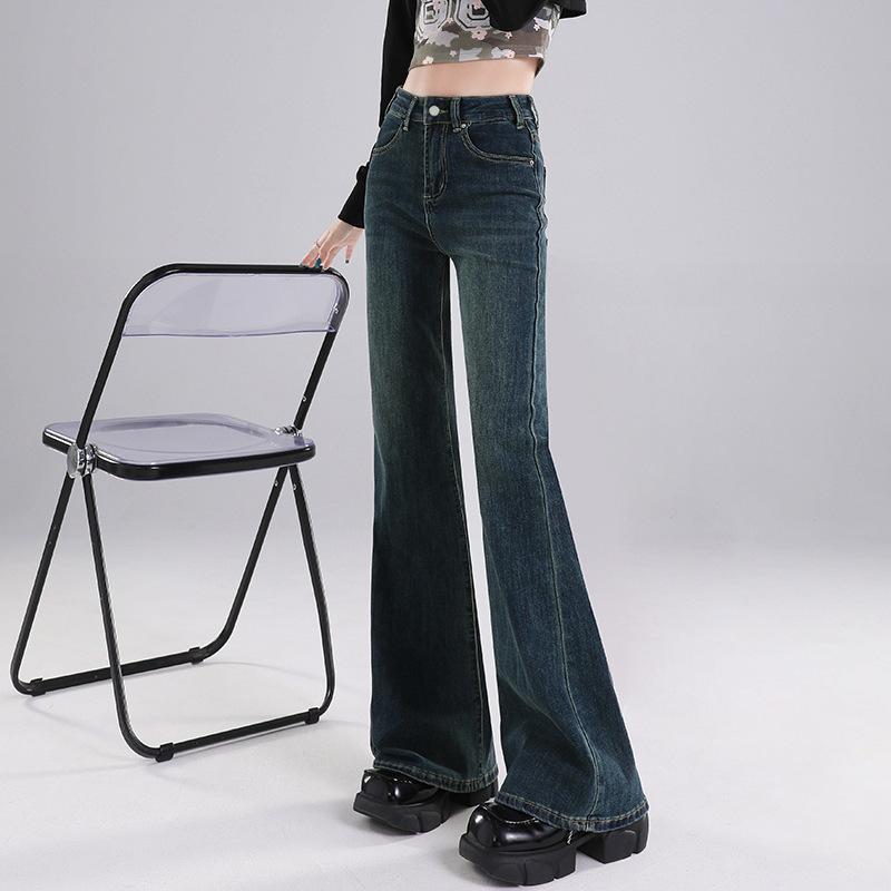 デニム レディース ハイウエスト ストレッチ 裾広がり ジーパン ズボン パンツ ロングパンツ 美脚 脚長 無地 綿 コットン ブラック 黒 ブルー レトロ 春秋冬