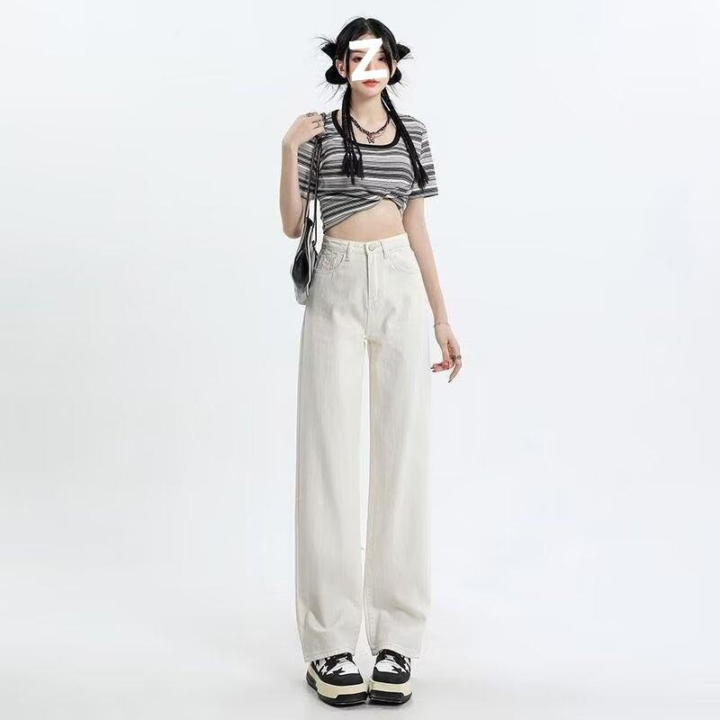 デニム レディース 高腰 ワイドパンツ 白 ジーパン ジーンズ ストレート ズボン ゆったり 美脚 脚長 コットン 伸縮性 春夏