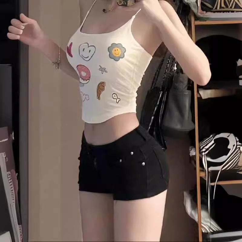 デニム レディース ホットパンツ 春夏 ローライズ 黒 短パン スリム ストレッチ ダメージ加工 カジュアル