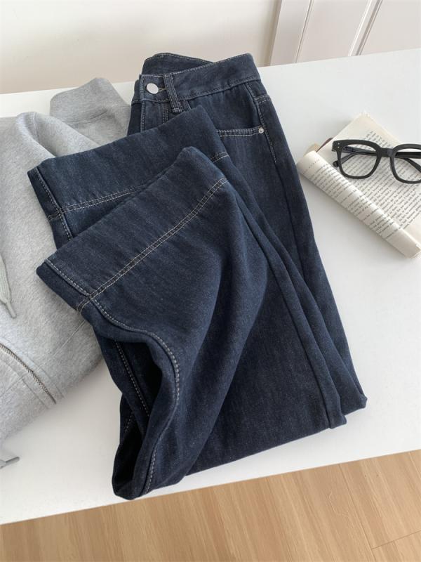 デニム レディース 秋冬 高見え ワイドレッグパンツ 裏起毛 あったか ハイウエスト ジーンズ ジーパン ズボン ボトムス カジュアル 通勤 普段使い ゆったり 濃いブルー1