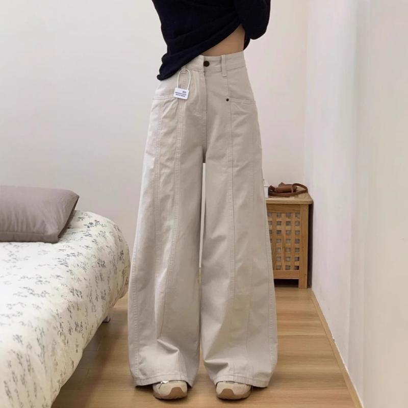 デニム レディース 高身長 ワイドパンツ サンドベージュ ゆったり ストレート ハイウエスト ジーンズ ジーパン ズボン ボトムス 綿