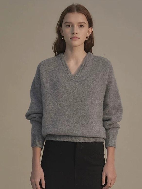 ニット レディース Vネック セーター 秋冬 厚手 羊毛 混紡 ゆったり 長袖 トップス 韓国 カジュアル 普段使い グレー ブラウン ブラック