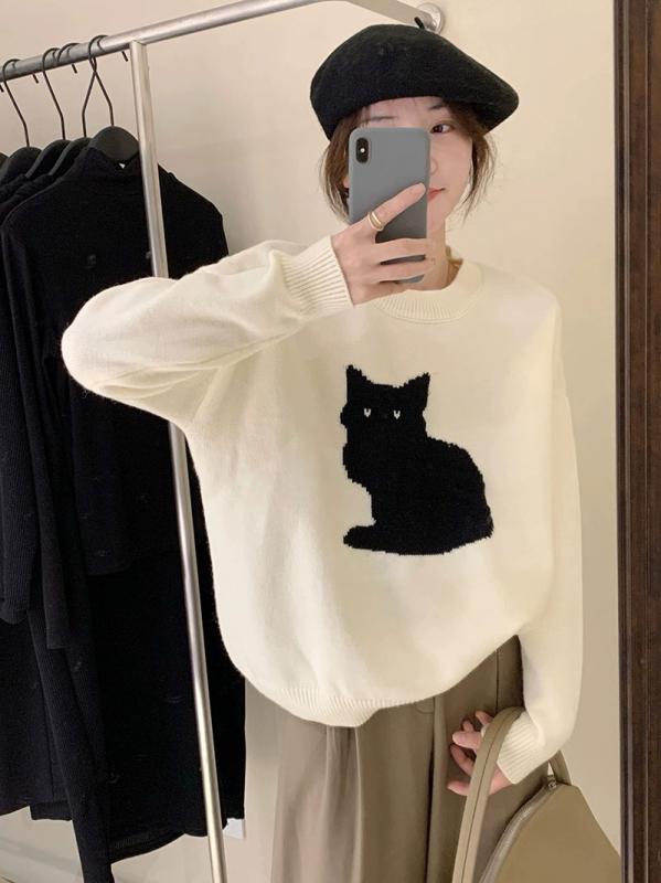 ニット レディース 秋冬 猫柄 セーター トップス 長袖 ゆったり かわいい 暖かい プルオーバー カジュアル おしゃれ 着痩せ 韓国1