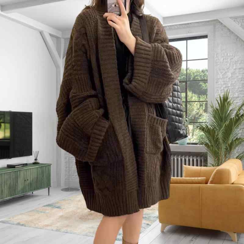 ニット カーディガン レディース ゆったり 厚手 秋冬 Vネック ドルマンスリーブ ミドル丈 杏色 コーヒー色 あったか 暖かい 羽織り(4.0)