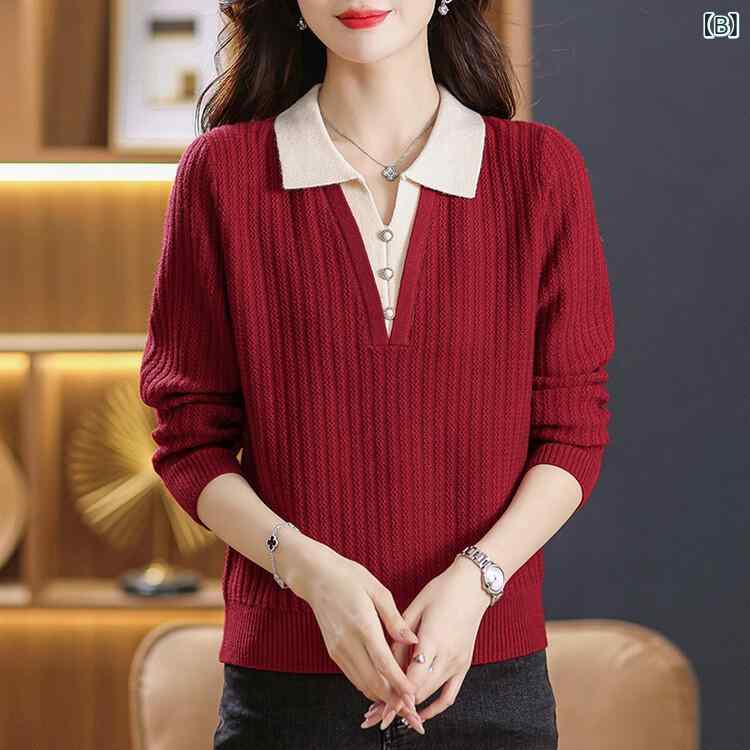 LINEAR shopのニット レディース ニットトップス 秋冬 厚手 婦人服 長袖 POLOネック プルオーバー ゆったり 伸縮性 あったか リブ 普段使い｜アングル3