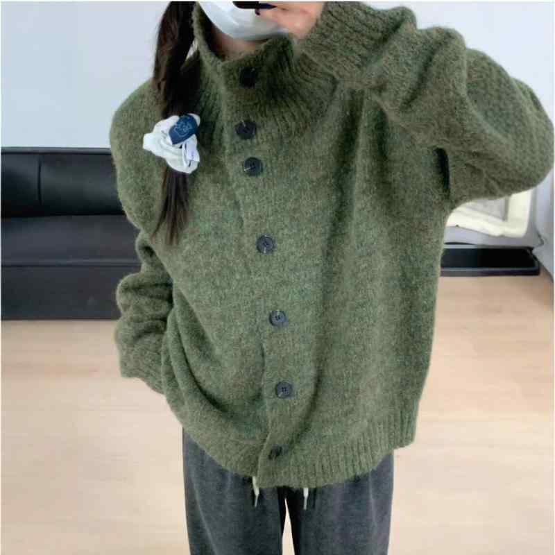 ニット カーディガン レディース 春秋冬 韓国 オフホワイト ポリエステル 長袖 厚手 立襟 無地 ボタン 留め ゆったり 日常着1