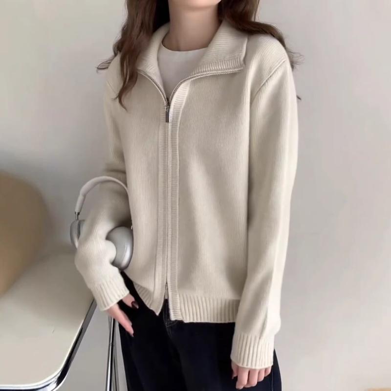 ニット レディース カーディガン 秋冬 立襟 接触冷感 ゆったり 体型カバー 伸縮性 ニットソー 羽織り ライトアウター 通勤 オフィスカジュアル ブラック 黒1