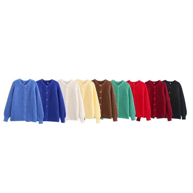 ニット レディース 秋冬 長袖 カーディガン 街頭風 ポリエステル 無地 ラウンドネック 赤 緑 黄色 ピンク系 オフホワイト 紺 深紅 青 濃い青 ブラック 鮮やかな青 グレー XS S M L 普段使い
