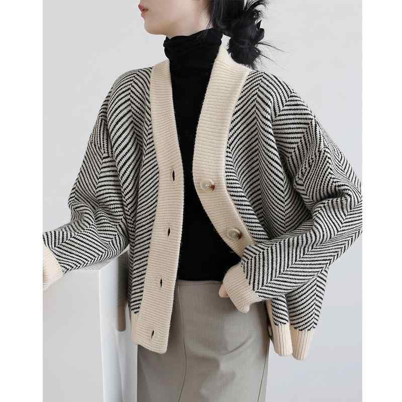 ニット カーディガン レディース 秋冬 ストライプ Vネック ゆったり 厚手 暖かい 羽織り もの アウター カジュアル 韓国 リラックス ウェア 黒 ブラック 白 ホワイト ベージュ アイボリー1
