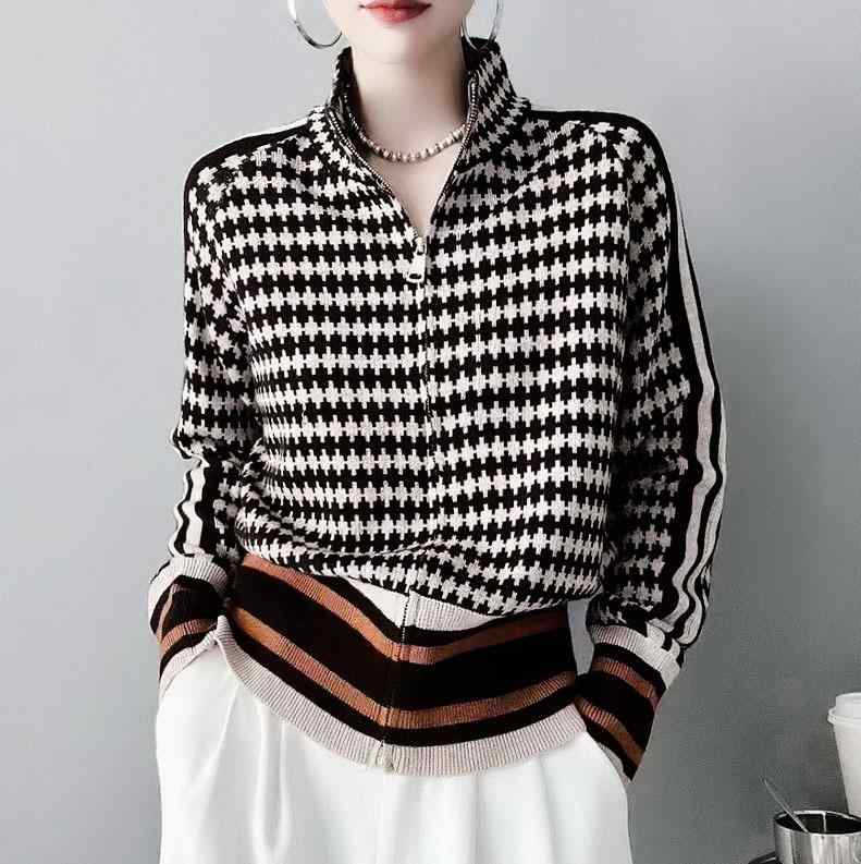 ニット レディース 大きいサイズ ゆったり 花柄 チェック柄 スタンドカラー 長袖 厚手 秋冬 日韓風 カーディガン セーター 普段使い デート 伸縮性 ポリエステル 暖かい 防寒