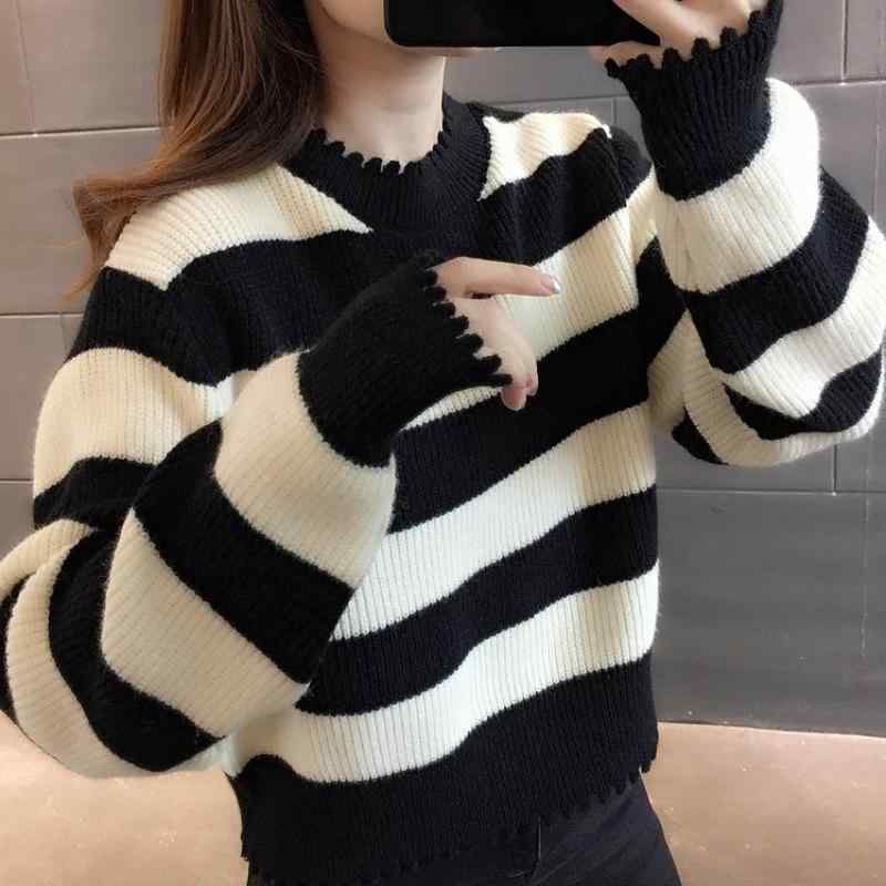 ニット レディース 秋冬 ボーダー柄 長袖 プルオーバー ゆったり 厚手 ラウンドネック ドロップショルダー 撞色 カジュアル 普段使い 韓国 トップス ウェア 暖かい かわいい ホワイト カーキ
