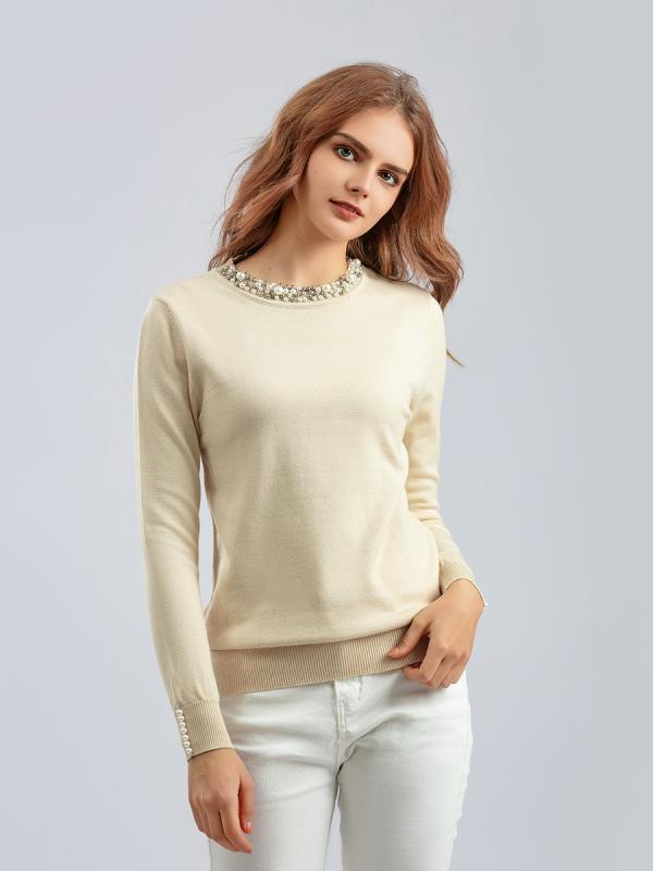 ニット レディース 秋冬 ビーズ クルーネック 長袖 トップス ゆったり チュニック 着痩せ 通勤 オフィス カジュアル 普段使い 白 黒1