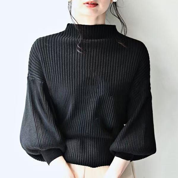 ニット レディース 早秋 長袖 薄手 ハイネック トップス カットソー インナー 接触冷感 伸縮性 あったか 防寒 ブラック