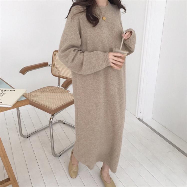 Other - ニットワンピース レディース 韓国 ゆったり 体型カバー ロング丈 ニット チュニック セーター ラウンドネック 長袖 リブ編み 赤 グレー 黒 アプリコット 普段使い デート