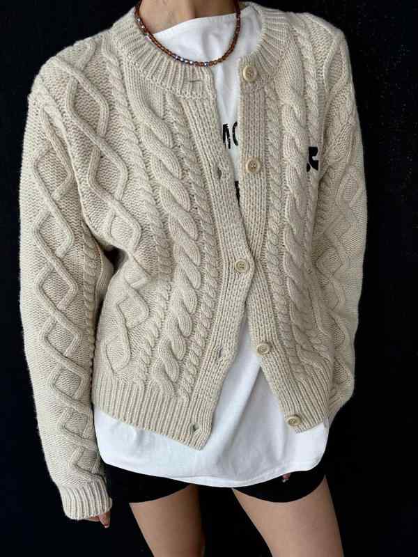 ニットカーディガン レディース ゆったり ラウンドネック ケーブル編み 幾何学模様 ウール混紡 ミックスカラー 厚手 秋冬 レトロ 日韓風 カジュアル(4.0)